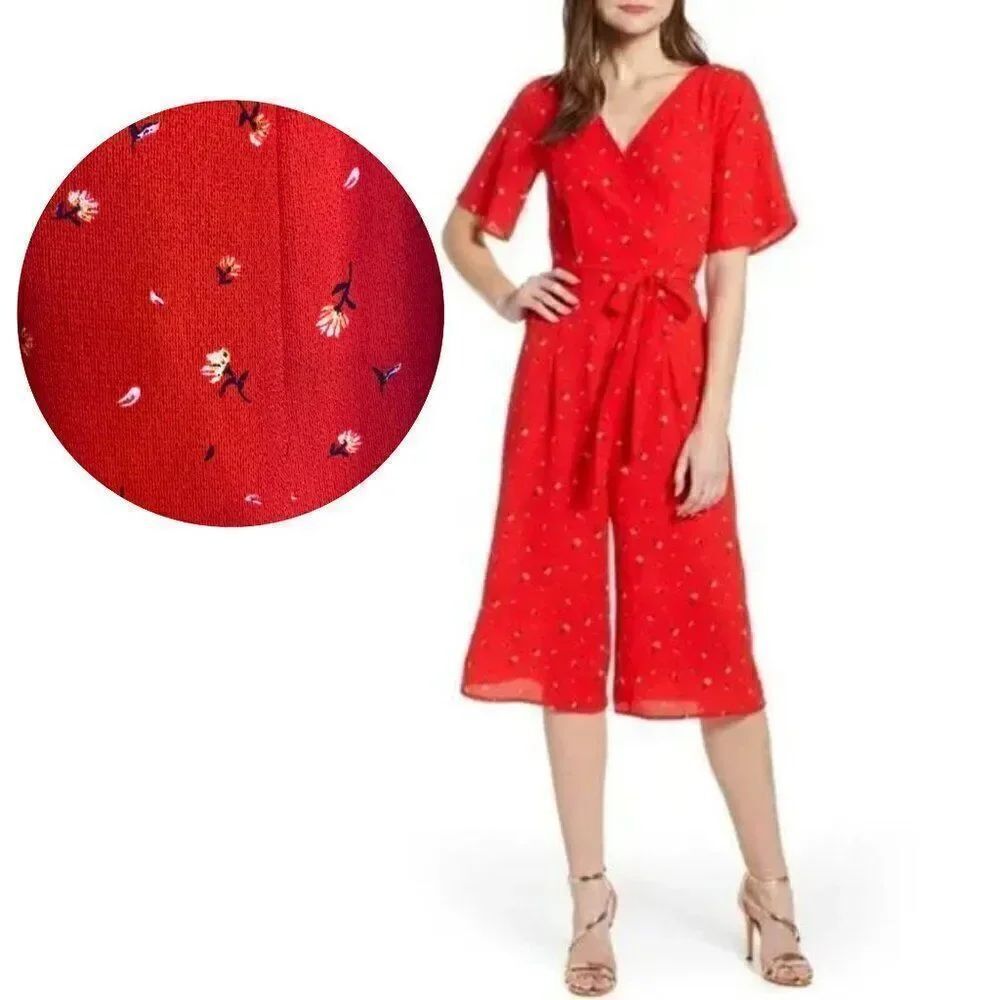 NWOT Row A Dandelion Floral Double-V Cherry Red Romper Jumpsuit